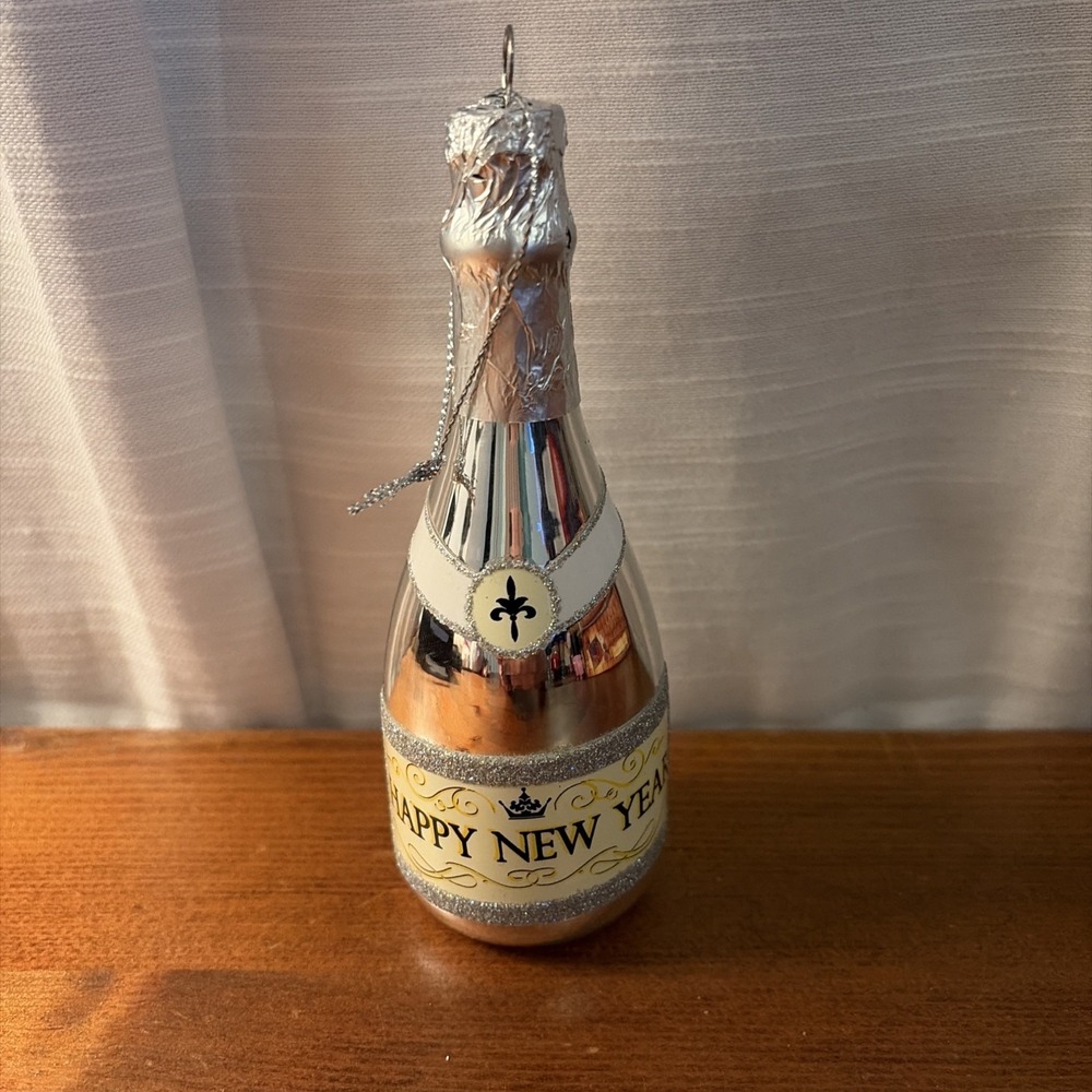 Champagne Bottle Christmas Ornament Silver Happy New Year Glitter